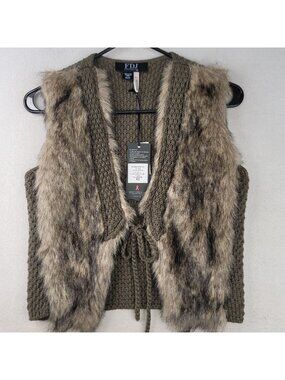 FDJ Faux Fur Knitted Sweater Vest XS Taupe Tie Front Tribal Western Layers Boho